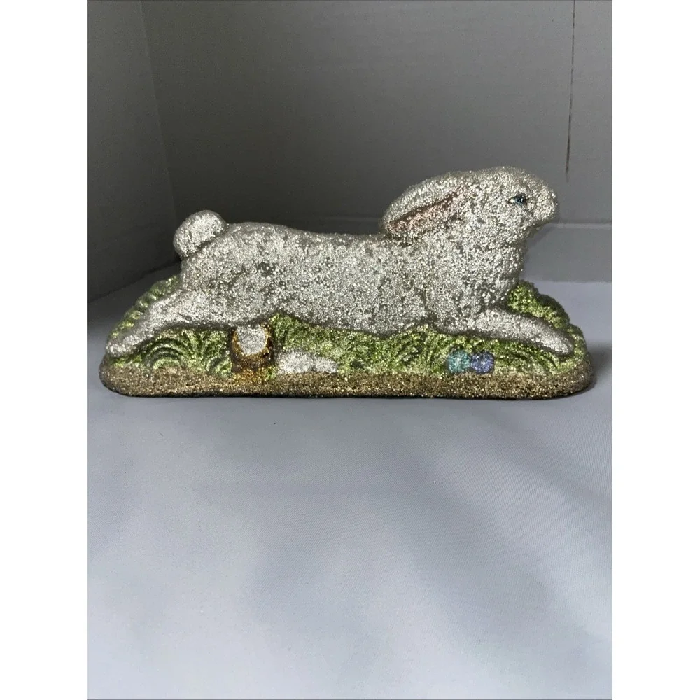 Glitter‎ Easter Bunny Rabbit Figurine Silver Green Grass Spring Decor 12 Inch